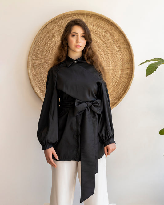 Mira Wrap Shirt Dress in Black